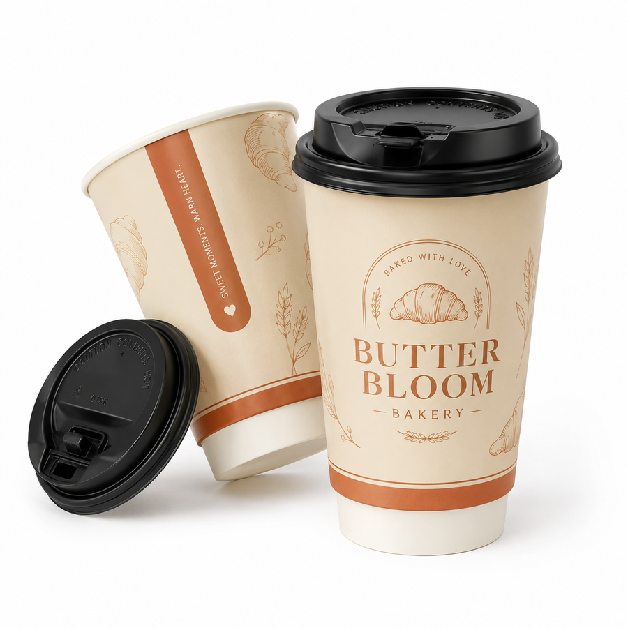 16 oz Custom Recyclable Double Wall Paper Cups with Lids