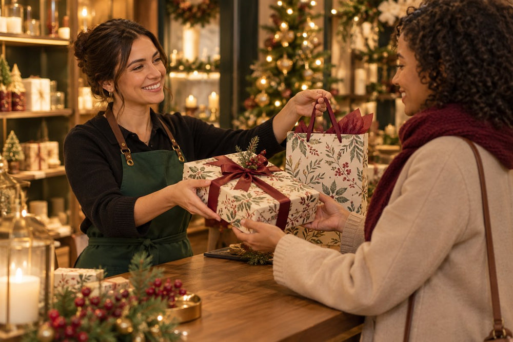 Christmas gift handoff in a decorated boutique