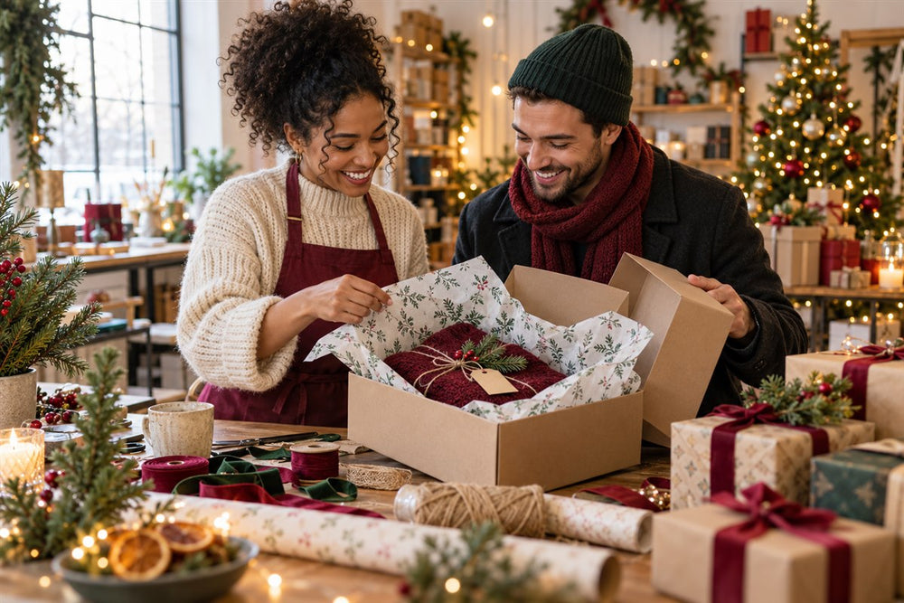 Christmas packaging unboxing in a creative studio