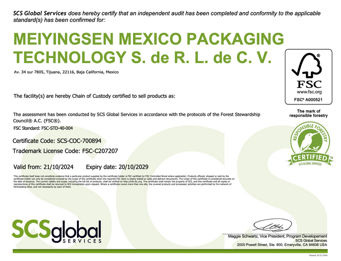MYS facility FSC chain-of-custody certificate